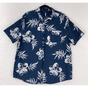 Magaschoni Button-Up‎ Shirt Mens Large Blue Hawaiian Linen Blend Short Sleeve